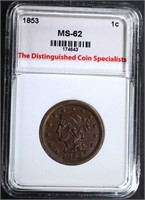 1853 LARGE CENT, TDCS NICE UNC