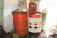 Three 55 gal drums, Gas Can, Light Fixtures