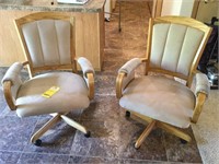 (2) Oak Rolling Upholstered Arm Chairs