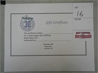 Steak supper gift certificate