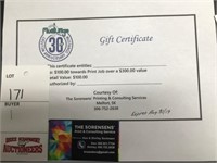 $100 gift cert. towards any printing of $300+