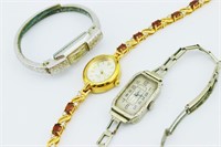 3 Wrist Watches. Art Deco. Garnets. 14k GF