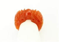 Red Jade Ring. Carved Dragons/Foo Dogs