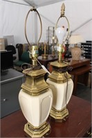 Pair of Brass and Cream Colored Table Lamps