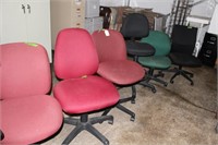 6 Office Chairs (3 Burgandy, 2 Black, 1 Green)