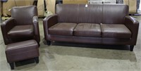 Brown Leather Sofa, Chair, Footstool