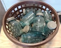 Basket full of blue Ball jars