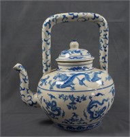Chinese Pottery Blue Dragon on White Large Teapot
