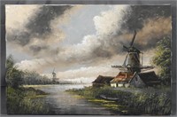 Mid Century Dutch Windmill Oil Painting by Raymond