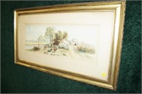 8" x 21" Watercolor of cow and farm scene,