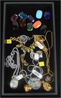 Lot, costume jewelry necklaces and stones