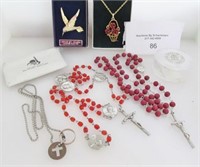 ROSARIES, HUMMINGBIRD PIN, ROSE NECKLACE