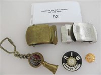 SOLID BRASS BELT BUCKLES, UNION PIN, ETC.