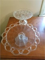 12" OPEN LACE CAKE STAND AND PRESSED GLASS