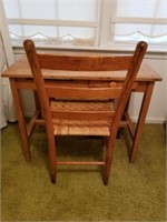 OLD WOODEN DESK AND CHAIR -- WOVEN BOTTOM