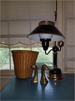 BRASS DUCK HEADS AND VINTAGE LAMP/ BASKET