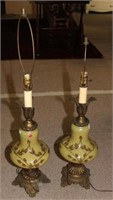 PAIR HOLLYWOOD REGENCY GREEN LAMPS ON METAL