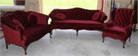3 PC RUBY RED, VELOUR PARLOR SET INC. SOFA,