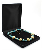 Gold Tone & Turquoise Flat Beaded Necklace