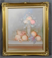 R Thornton Painting on Canvas Flowers and Fruits