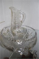 Lead crystal water pitcher, 3 footed 10" center