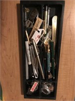 Tray of Pens, Token, Two Pocket Knives, Misc.