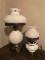 Two Hobnail Milk Glass Table Lamps