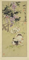 Chinese Watercolor Scroll Puppies Signed by Artist