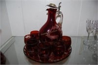 Germany ruby cut to clear Stag decanter & 6 hunt
