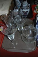 6 wheel & acid etched wine goblets, vase &