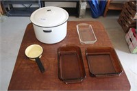Porcelain Boiler, Porcelain Dipper & 3 Glass Pans