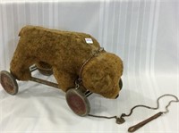 Old Stuffed Bear Pull Toy on Wheels