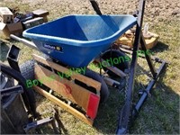 dual wheel wheelbarrow  and misc. yard tools