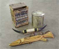 Vintage Yale Coffee Bin, Horns, Wood Fish &