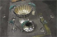 Silver Parrot Bowl, Pitcher & (2) Candle Holders