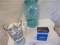 Blue Ball Jar, Cup & Vintage can