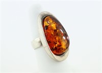 Large Amber Ring In Sterling Silver