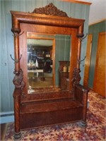 1800's Oak Veneer Hall Seat with Winged Griffins