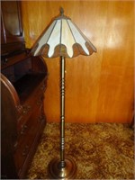 Brass Floor Lamp with Leaded Glass Tulip Shade**