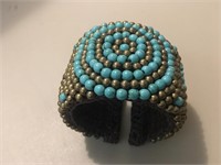 Turquoise & Gold Beaded/Threaded Cuff Bracelet