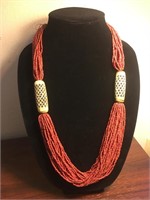 Tribal Beaded Coral & Carved Bone Statement Neck.
