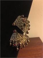 Gold Filigree Fan & Rhinestone Garnet Earrings