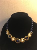 Vintage Blue - Gold & White Necklace