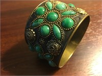 Fine Leather & Aventurine Brass Cuff Bracelet