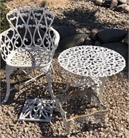 White metal cast patio chair, table, base