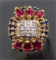 14kt Gold Vintage Ruby-Sapphire & Diamond Ring