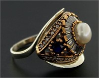 Quality Pearl, Sapphire & White Topaz Ring