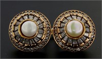Rose Toned Pearl & White Topaz Baguette Earrings