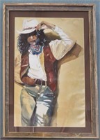 Large Cowgirl Watercolor Print in Barn Wood Frame