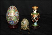 3pc Cloisonne Eggs & Vase